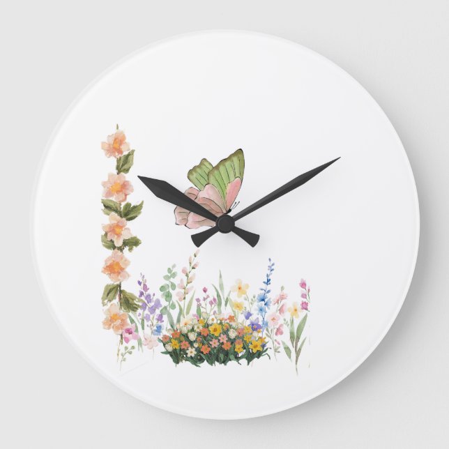 Butterfly & Wildflower Garden Wall Clock – Soft Pi Stor Klocka (Framsida)