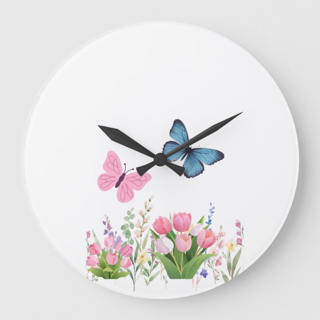 Butterfly & Wildflower Garden Wall Clock – Soft Pi Stor Klocka (Framsida)