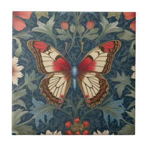 Butterfly William Morris stil Blue & Red Blommigt Kakelplatta