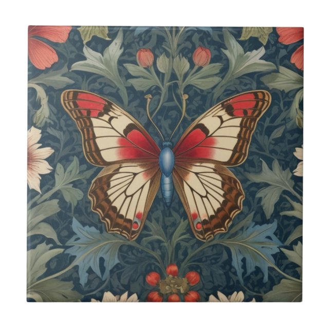 Butterfly William Morris stil Blue & Red Blommigt Kakelplatta (Framsidan)