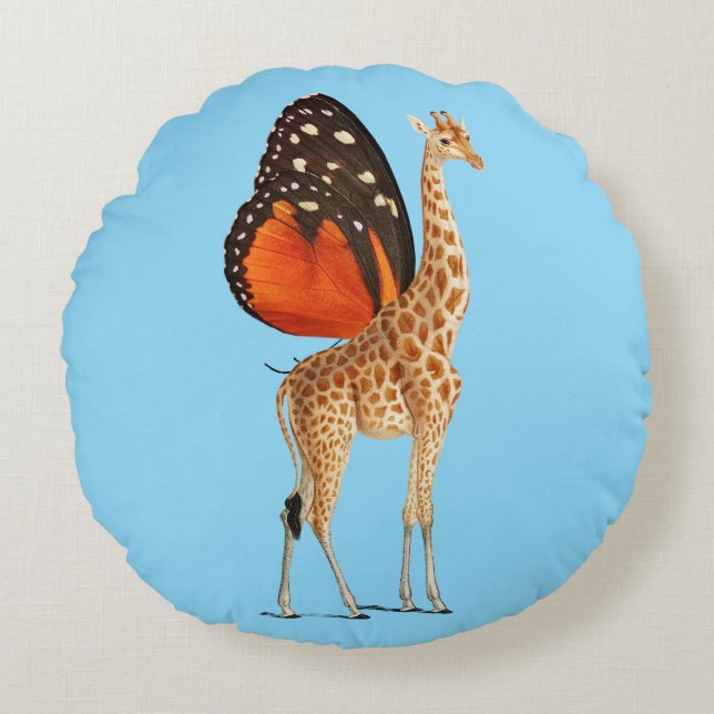 Butterfly winged giraffe (BLUE BKGRD) Rund Kudde (Framsidan)