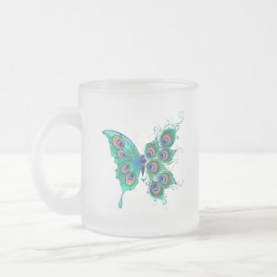Butterfly with Green Peacock Feathers Frostad Glasmugg