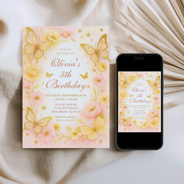 Butterfly Yellow and Pink Birthday Invitation Inbjudningar (Skapare uppladdad)