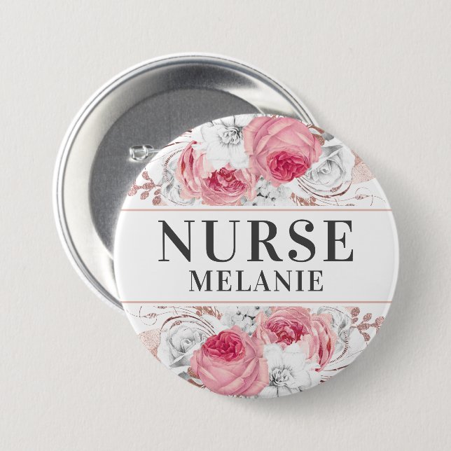 Button Badge ro Guld Silver Glitter Nurse Namn Knapp (Framsida & baksida)