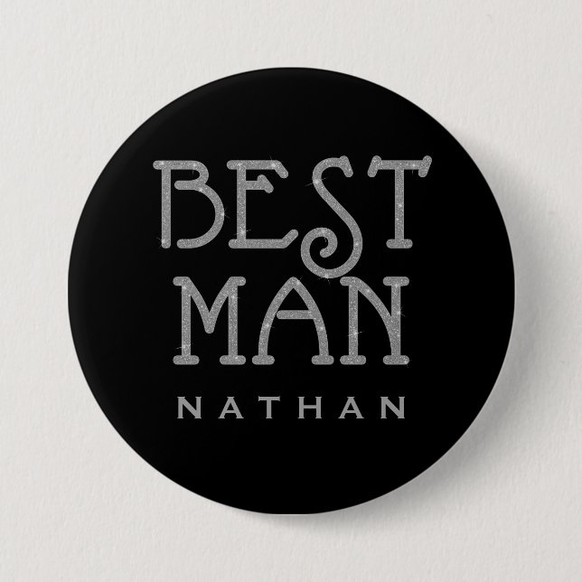 Button Best Man Silver Faux Glitter Namn bricka Knapp (Framsida)