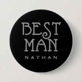 Button Best Man Silver Faux Glitter Namn bricka Knapp