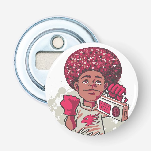 Button Bottle Opener – YOUTH Power Afro & Boombox  Flasköppnare (Framsidan)