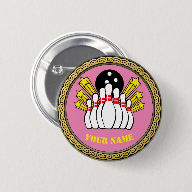 Button - Bowling - Lägg till Namn - Rosa Knapp (Framsida & baksida)