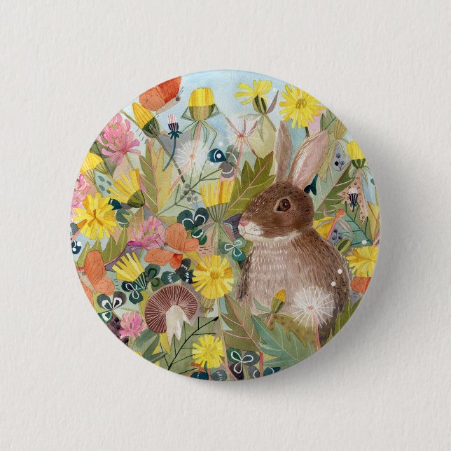 Button Brown Rabbit and Dandelions Knapp (Framsida)