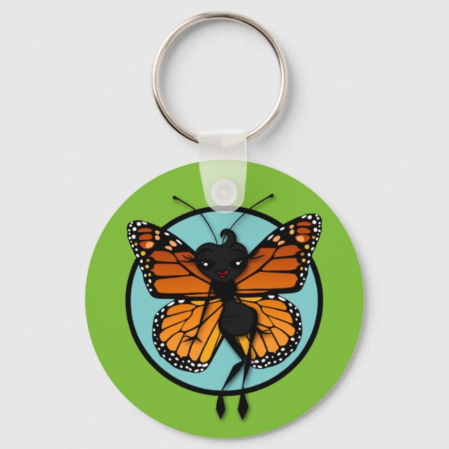 BUTTON KEYCHAIN CUTE MONARCH BUTTERFLY ROUNC BASIC NYCKELRING (Framsida)