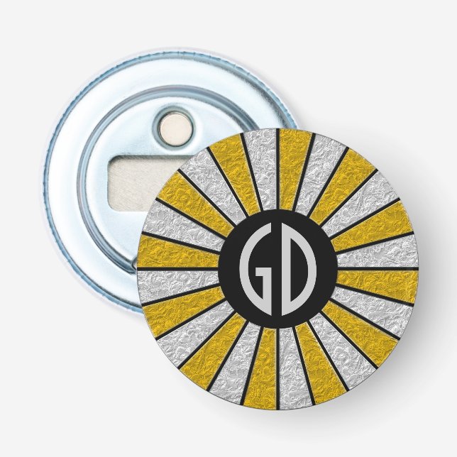 BUTTON ROUND RAYS silver guld + ditt monogram Flasköppnare (Framsidan)