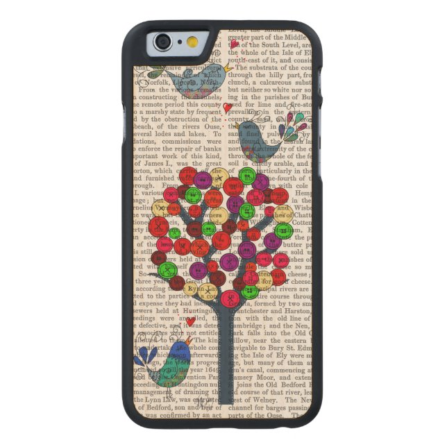 Button Träd och Birds Blue Carved Wood iPhone Skal (Baksidan)