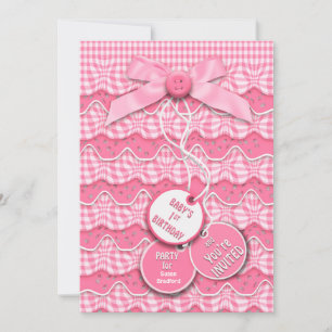 Buttons 1:a födelsedag och Bows Lagrar Rosa Ruffle Inbjudningar