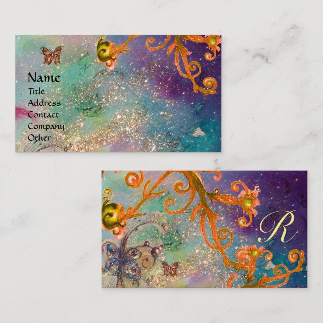 BUTTRYCKLIGEN I SPARKLAR, BLUE GULT SWIRLS MONOGRA VISITKORT (Fram/baksida)