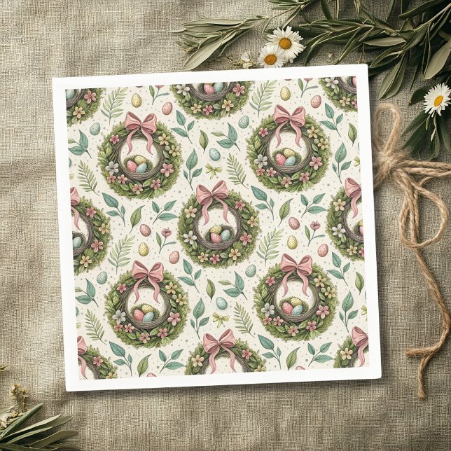 Buxbom påskkrans rosa band med ägg pappersservett (Skapare uppladdad)