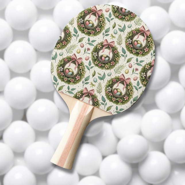 Buxbom påskkrans rosa band med ägg pingisracket (Skapare uppladdad)