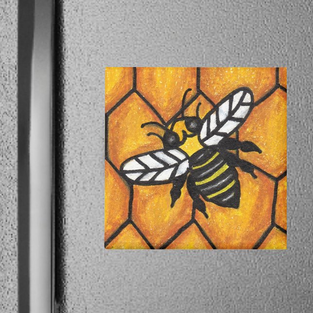 Buzzing Bee on Honeycomb Magnet (Black and yellow bumble bee on golden honeycomb on square magnet.)