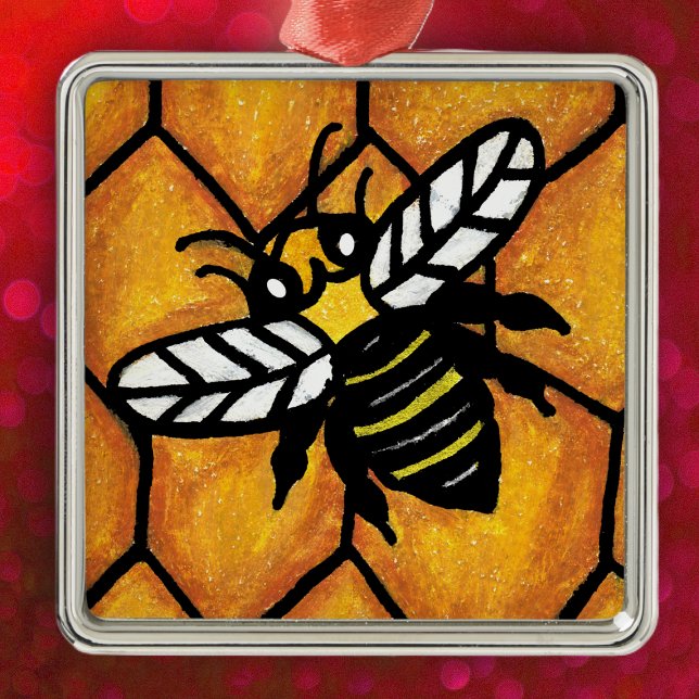 Buzzing Cute Bee Honeycomb Julgransprydnad Metall (Black yellow bumble bee white wings on golden honeycomb pattern on hanging ornament.)