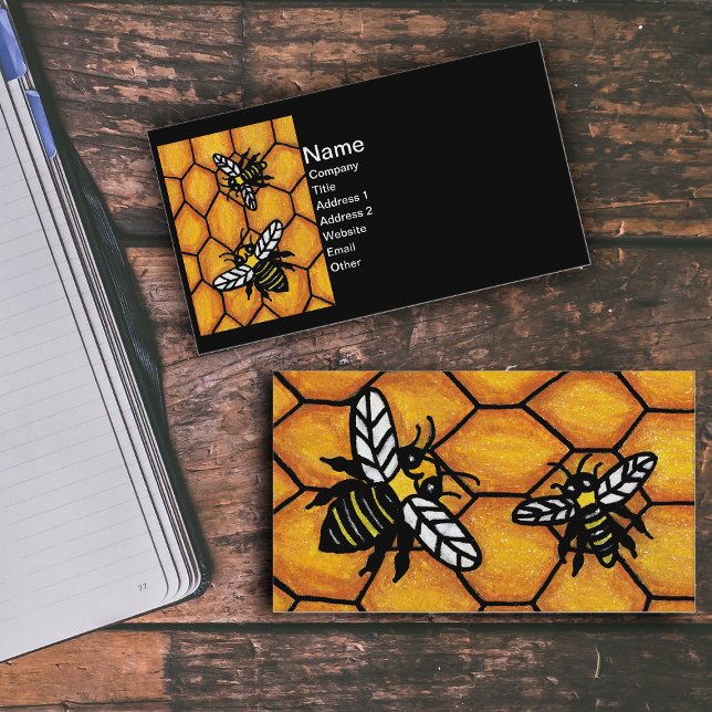 Buzzing Cute Bees Honeycomb Visitkort (Cute buzzing black and yellow bees white wings on golden honeycomb on black business cards.)