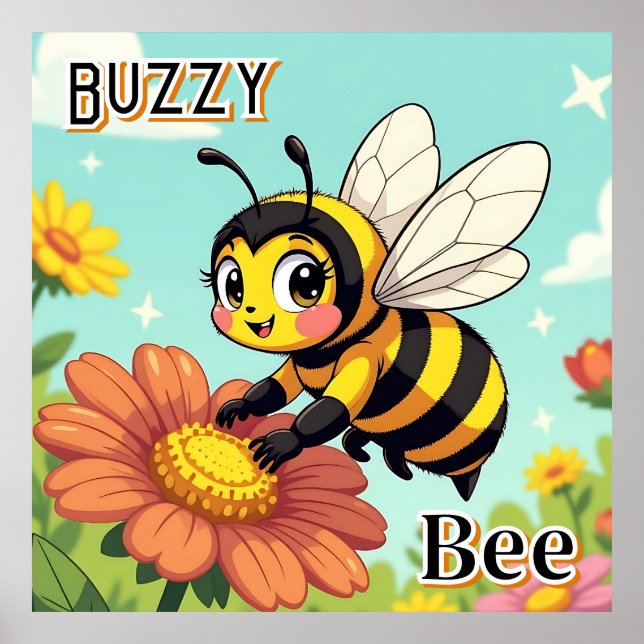 Buzzy Bee | Cute Tecknad Barn Nursery Art Poster (Framsidan)