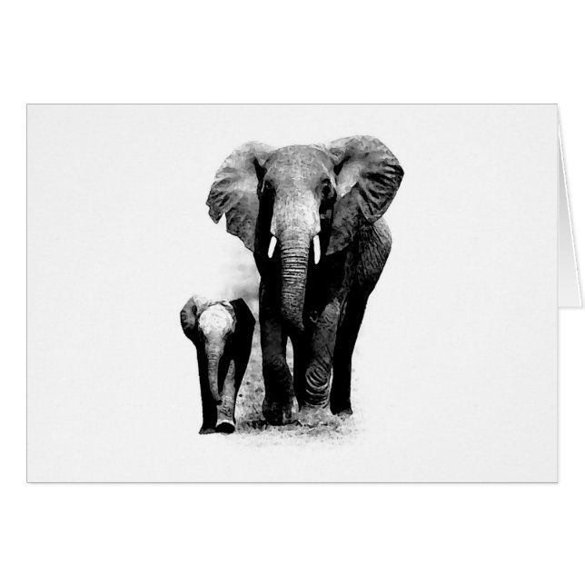 BW Elephant & Baby Elephant Hälsningskort (Framsidan Horizontal)