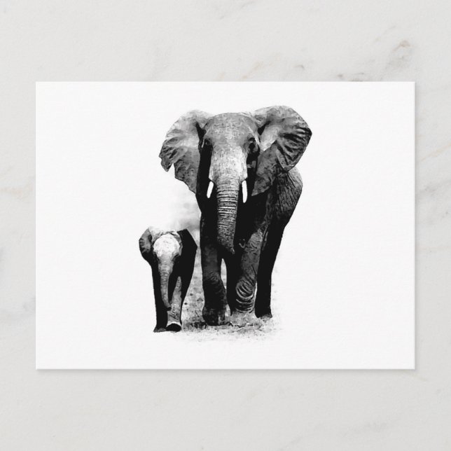 BW Elephant & Baby Elephant Vykort (Framsida)