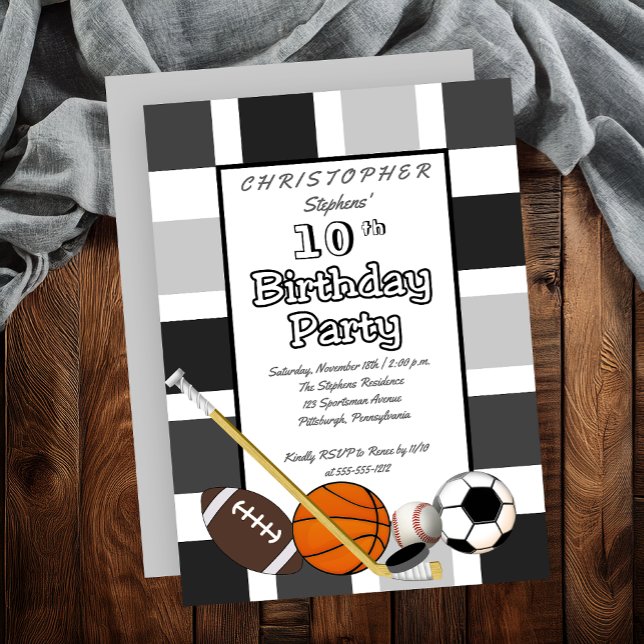 BW Färg Block All Star Sports Födelsedagsfest Inbjudningar (Gray | White Blocks Sports All Star Sports Birthday Party Invitation)