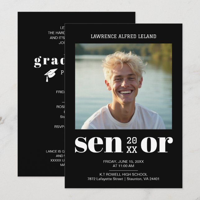  BW Modern Editorial Senior Photo Cool Graduate  Inbjudningar (Fram/baksida)