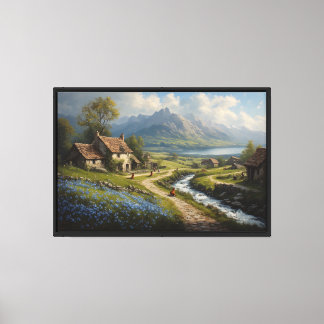 By en flod belägen by med berg och blå blommor canvastryck