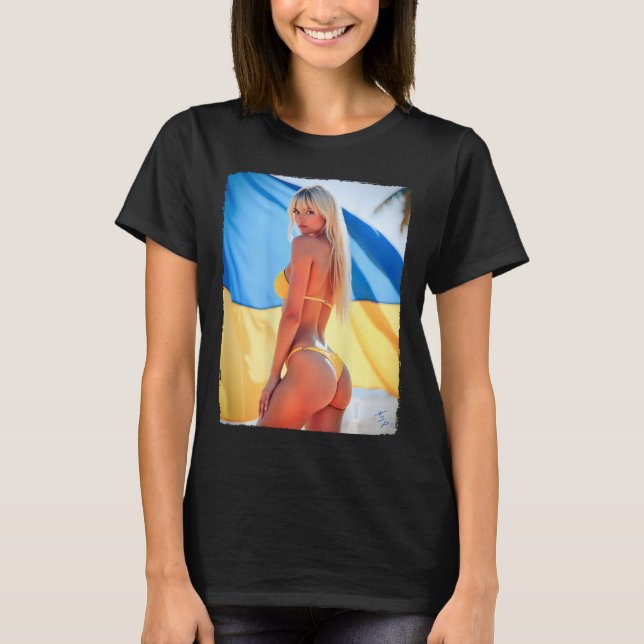 Byck Print T-Shirt - Y Blond Bikini Flicka Och Ukr (Framsida)