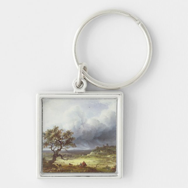 Bygd under en stormig himmel fyrkantig silverfärgad nyckelring (Framsidan)
