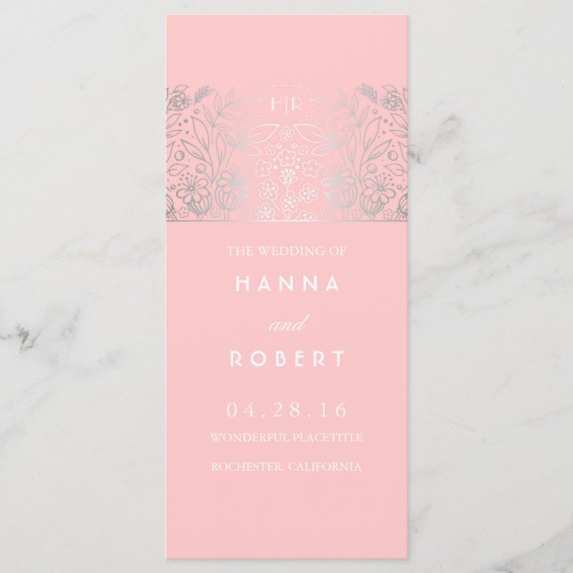 Bygdsilver blommar rosa bröllopsprogram program (Framsida)