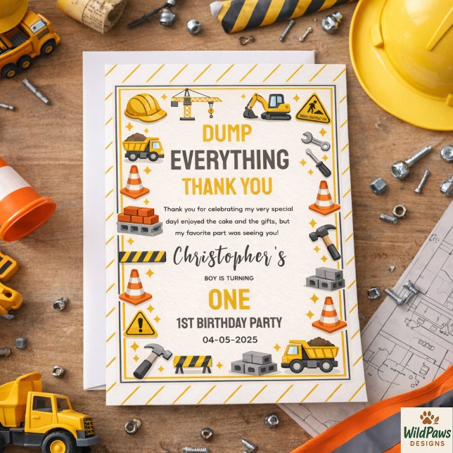 Bygg 1-års födelsedag | Byggarlastbilsfest Tack Kort (Construction 1ST Birthday | Builder Truck Party Thank You Card
)