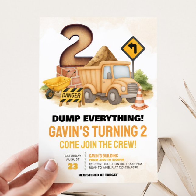 Bygg 2:a födelsedag Party Inbjudningar (Construction Truck 2nd Birthday Party Invitation)