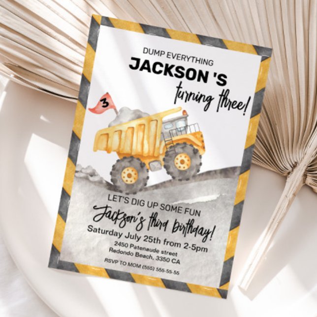 Bygg 3-års födelsedags Dump Truck-fest Inbjudningar (Construction Dump truck 3rd birthday invitation)