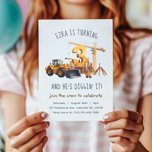 Bygg 3:e födelsedagspartiets inbjudan (Construction 3rd Birthday Party Invitation)