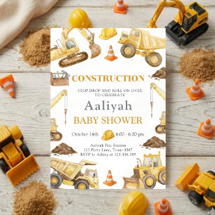 bygg bulldozer firande baby pojke shower inbjudningar
