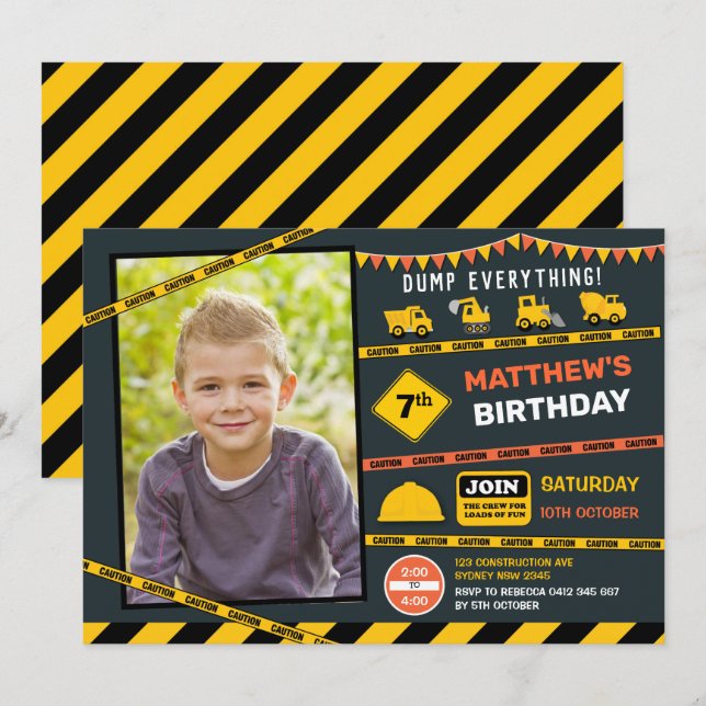 Bygg Dump Truck Foto Pojke Födelsedagsfest Inbjudningar (Fram/baksida)