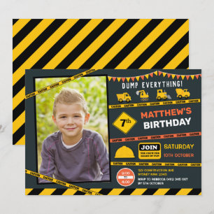 Bygg Dump Truck Foto Pojke Födelsedagsfest Inbjudningar