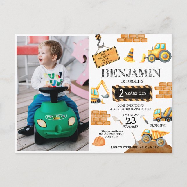 Bygg grävmaskin lastbilar 1-års födelsedagsfest vykort (Framsida)