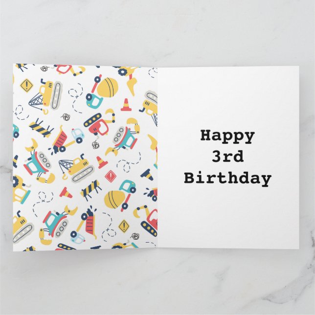 Bygg-gult-lastbilar-bil 3:e födelsedag kort (Inuti)