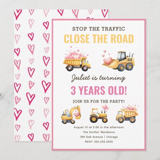 Bygg-inbjudan till Lastbil Heart Birthday Inbjudningar (Fram/baksida)