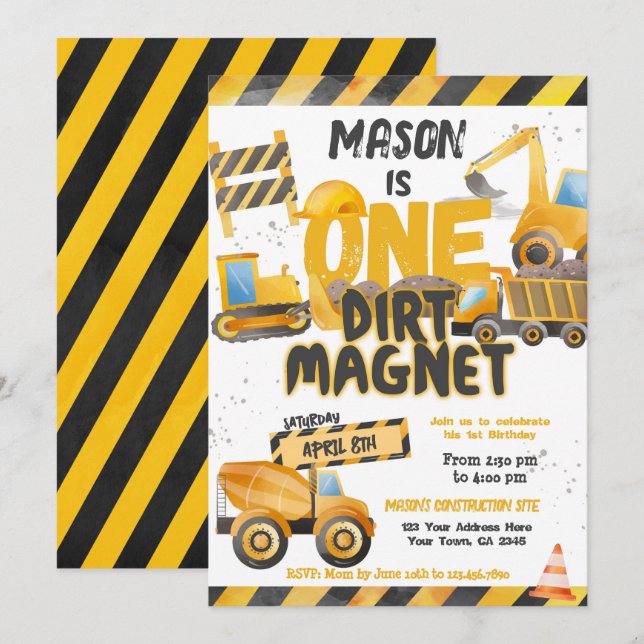 Bygg, Lastbil 1:a födelsedag Inbjudningar (Fram/baksida)