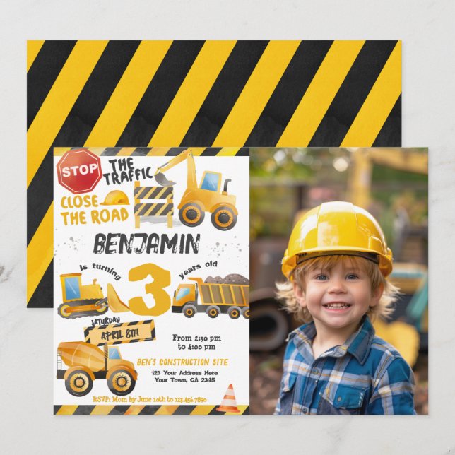 Bygg, Lastbil 3:e födelsedagen Inbjudningar (Fram/baksida)