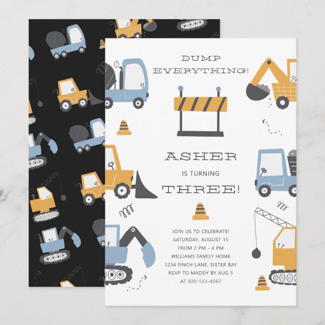 Bygg Lastbil dumpar allt Födelsedagsfest Inbjudningar (Fram/baksida)