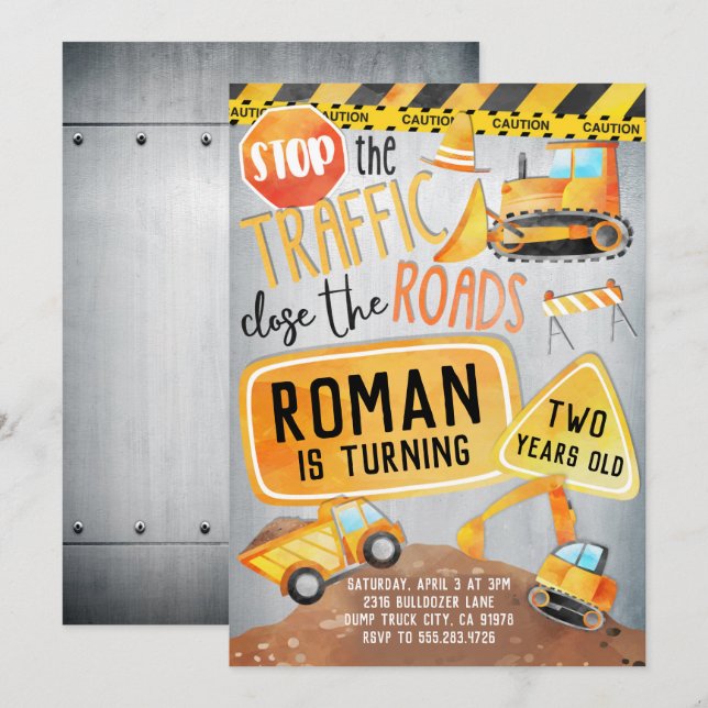 Bygg Lastbil Födelsedagsfest inbjudan (Fram/baksida)