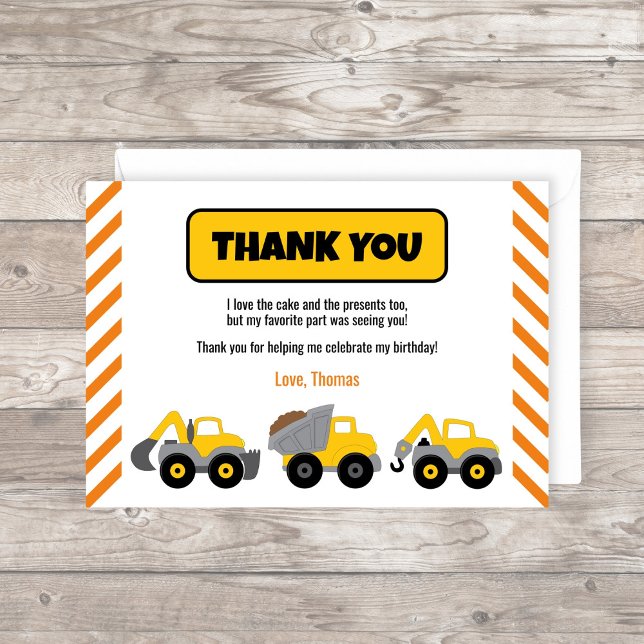 Bygg Lastbil Party Tack Kort (Construction Truck Thank You card with yellow trucks and orange stripes)
