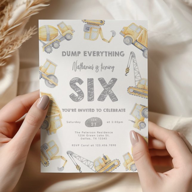 Bygg Lastbil SIX 6e Födelsedagsfest Inbjudningar (Skapare uppladdad)