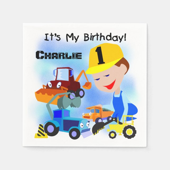 Bygg Lastbilar 1:a födelsedag Pappra blöjor Pappersservett (Framsidan)