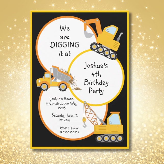 Bygg Lastbilar Gräver IT-Födelsedagsfesten Inbjudningar (Construction Trucks Digging It Birthday Party Invitation)